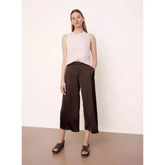 Vince Pants - Vince Brown Satin Pleat Front Wide Leg Trousers. Size 18. NWOT. P
